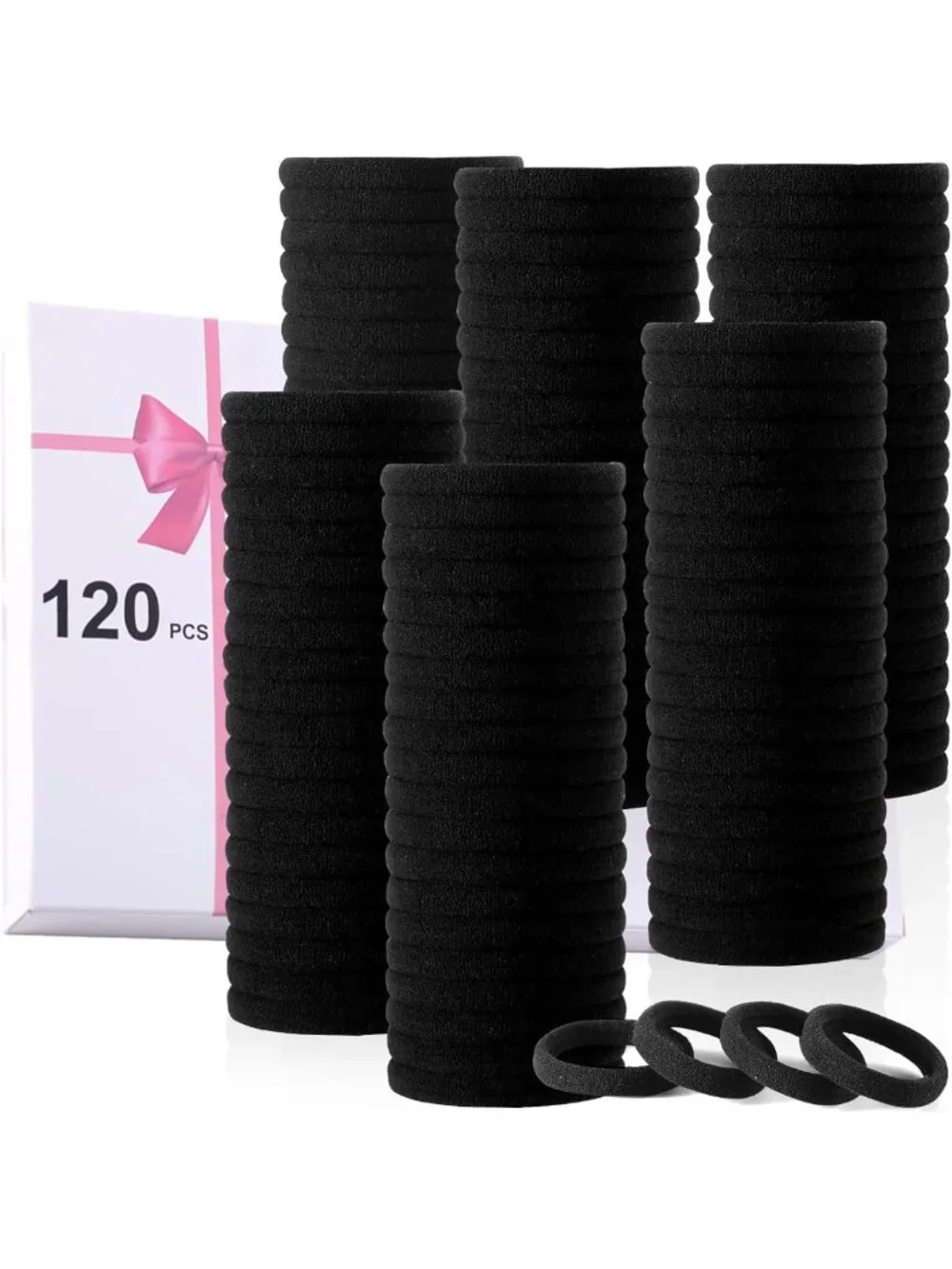 120PCS No Damage Black Hair Ties – Seamless Elastic Ponytail Holders for Thick